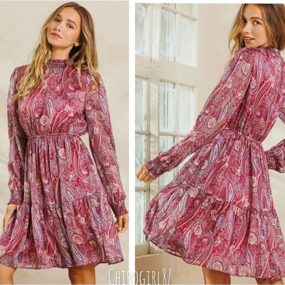 Ces Femme Long Sleeve Paisley Dress in Berry Pink